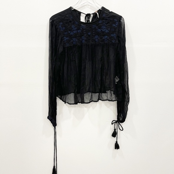 Free People Retro Femme Blouse Embroidered Beaded Black XS Sheer - Picture 6 of 14